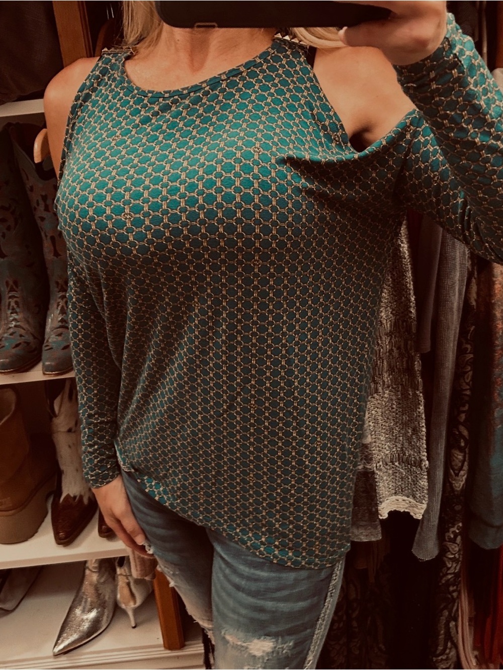 Michael Kors Teal and Gold Cold-Shoulder Geometric Tunic